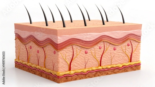 This stock photo features a realistic rendering of the human skin in cross-section, revealing the different layers, the structure of hair follicles, and the network of blood vessels and nerves within 