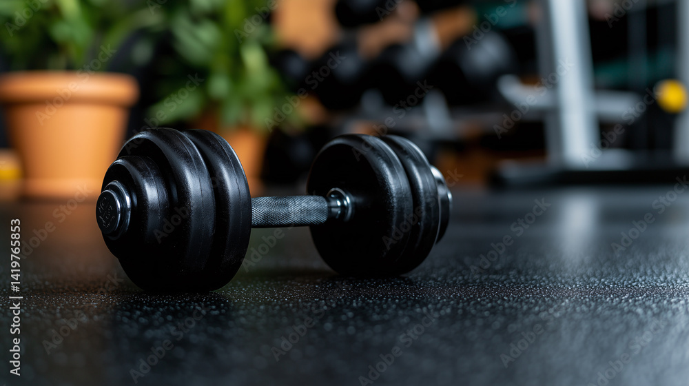 A pair of black dumbbells resting on a rubber gym floor, with workout equipment blurred in the background
A pair of black dumbbells resting on a rubber gym floor, with workout equipment blurred in the background