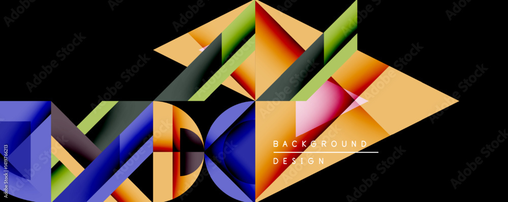 Abstract geometric shapes overlap, creating vibrant colorful design. Black background emphasizes bright triangles, curves, layers. Modern visual composition. Abstract geometric shapes overlap, creating vibrant colorful design. Black background emphasizes bright triangles, curves, layers. Modern visual composition.