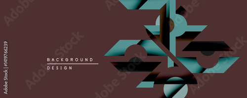 Abstract geometric shapes overlap, creating layered visual effect. Brown background contrasts with teal, black elements. Modern design.