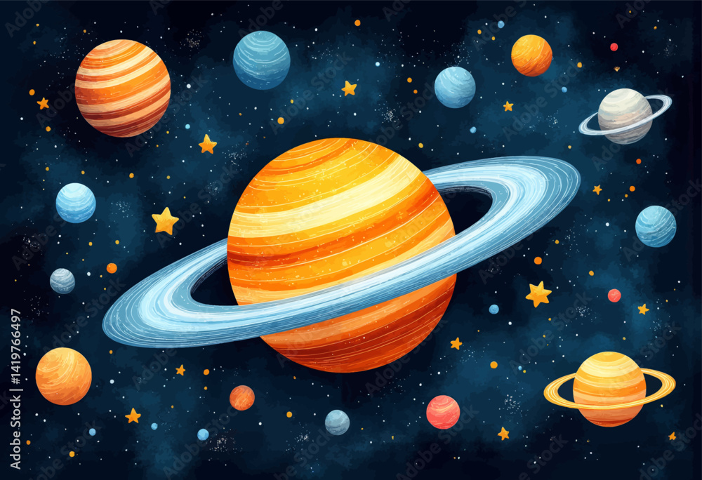 Naklejka premium Cartoon Planets in Starry Watercolor Space Scene