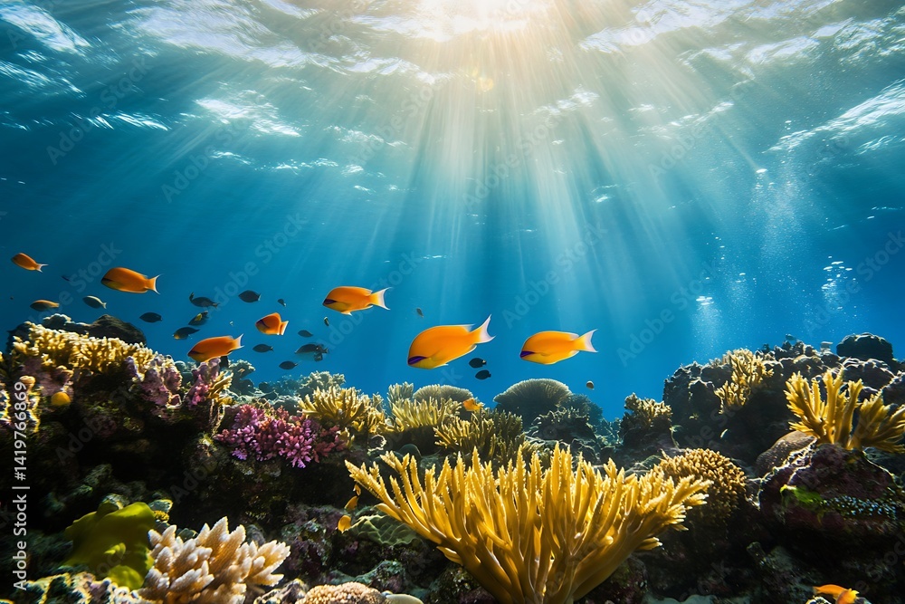 Naklejka premium Underwater Scene With Orange Fish Swimming Above Colorful Coral Reefs and Sunlight