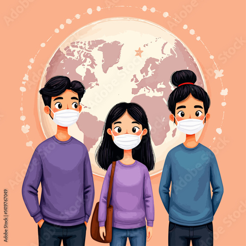 Cartoon teens wearing masks with world map background
