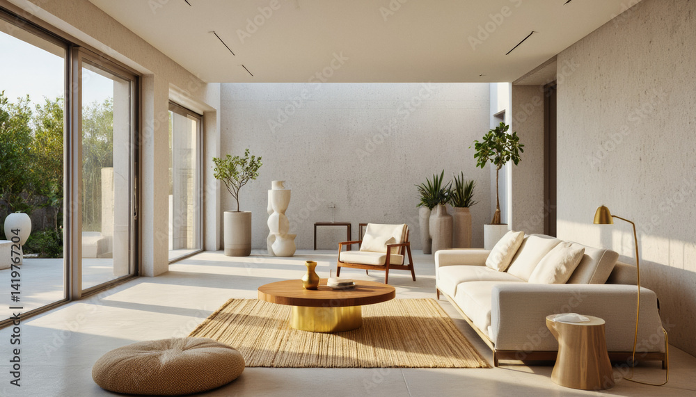 Modern interior design architecture photography: Sunlight streams into a minimalist living room, highlighting neutral-toned furniture and lush greenery against a backdrop of an outdoor patio and blu Modern interior design architecture photography: Sunlight streams into a minimalist living room, highlighting neutral-toned furniture and lush greenery against a backdrop of an outdoor patio and blu