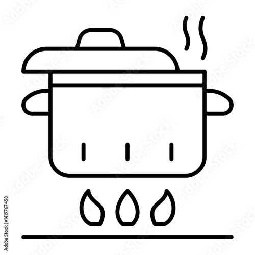 Pot on fire thin line icon, cooking concept. Vector graphics. Kitchen pot, bowl sign on white background, linear style mobile or design.