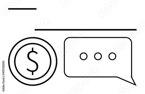 Dollar coin highlighting finance next to chat bubble with three dots denoting dialogue. Ideal for finance, conversation, investment, consulting, banking, payment, simple landing page