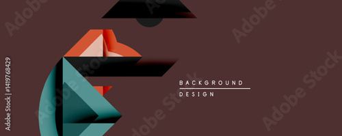 Abstract geometric shapes overlap, creating modern design. Dark red background complements teal, black, orange hues. Minimalist aesthetic.