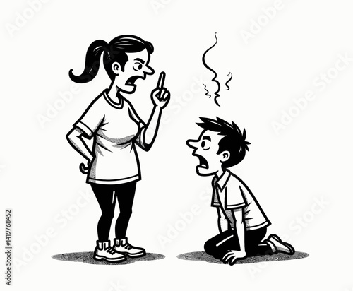 Cartoon Woman Scolding Kneeling Boy, Steam Rising