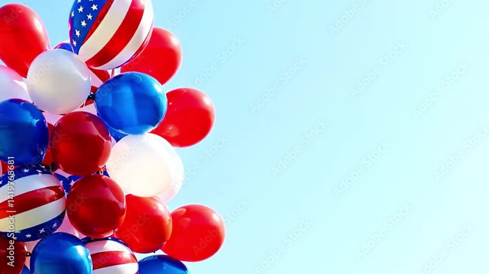 Red, white, and blue balloons in a festive setting symbolize patriotism and celebration, suitable for Fourth of July graphics.
