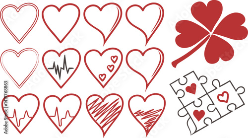 Red heart shapes, Valentine's Day icons, medical heartbeat symbol, broken heart, heart with bandage, scribbled heart outline, heart with stitches, heart with puzzle piece, minimalist design, vector gr
