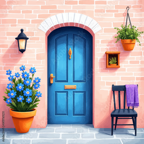 Charming blue door with flowers and chair on brick wall
