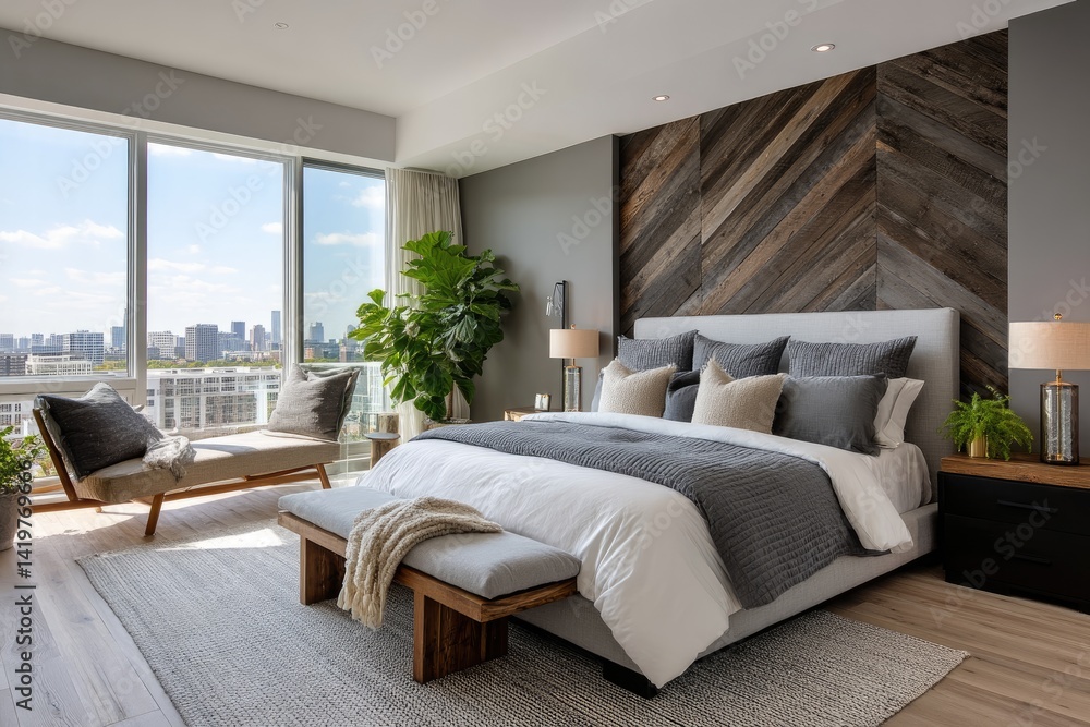 A modern bedroom with a white and grey bed, a large window showcasing a cityscape, a dark wood headboard wall, a light gray rug, a neutral color palette A modern bedroom with a white and grey bed, a large window showcasing a cityscape, a dark wood headboard wall, a light gray rug, a neutral color palette