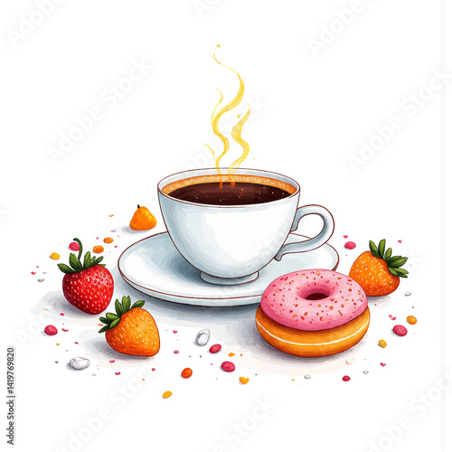Coffee, Donut, and Strawberries Still Life Art