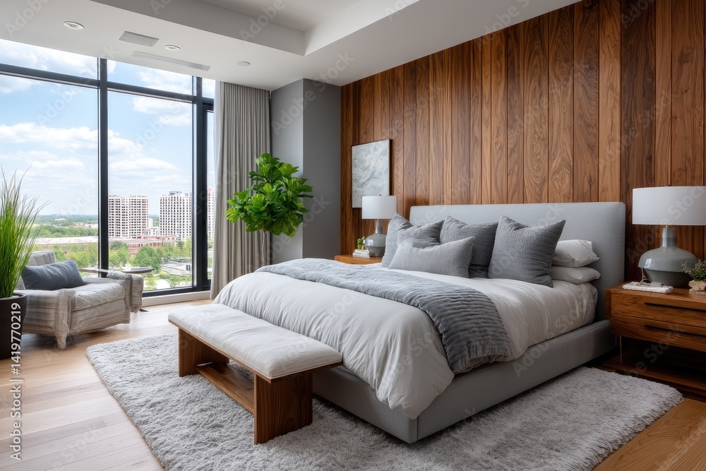 Modern bedroom with white walls, large windows overlooking the city skyline, and a wooden headboard Modern bedroom with white walls, large windows overlooking the city skyline, and a wooden headboard