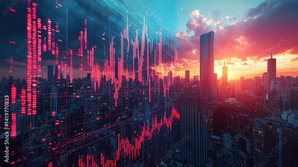 Modern City Skyline with Abstract Data Visualization at Sunset Modern City Skyline with Abstract Data Visualization at Sunset