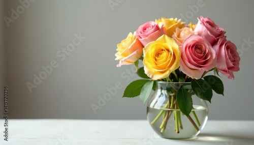 Wallpaper Mural Mixed pink & yellow rose bouquet in clear vase Soft light , colorful, close-up, blossom Torontodigital.ca