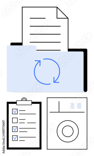 Folder synchronizing documents, checklist on clipboard, and application interface. Ideal for organization, productivity, teamwork, workflow, data storage, cloud computing simple landing page