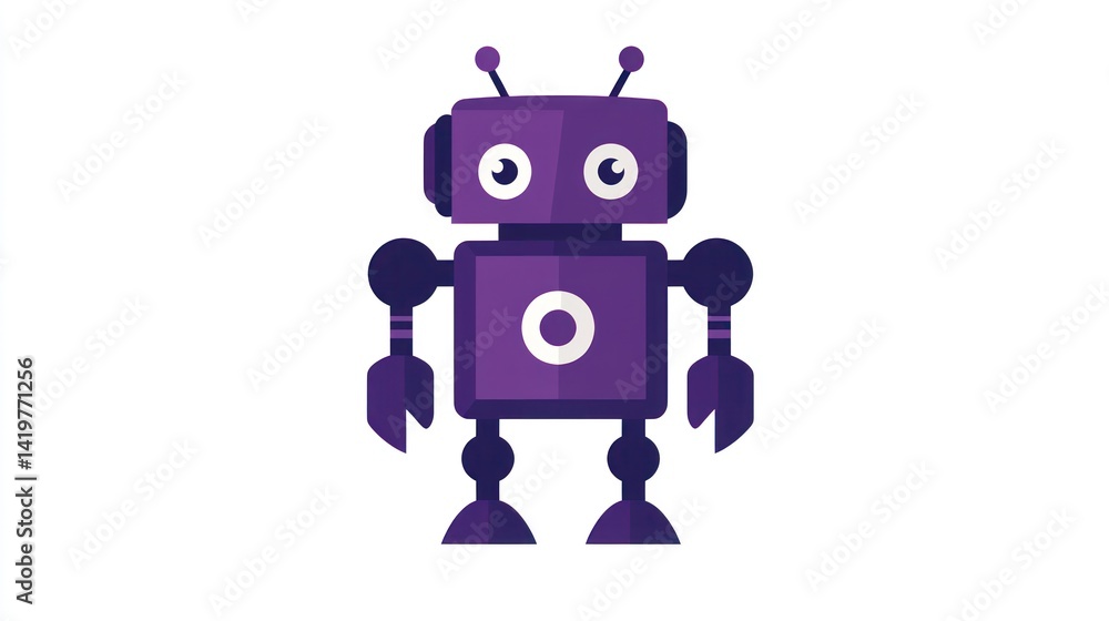 Cute purple robot illustration on white background. Possible use Children's book illustration, educational material, website graphic Cute purple robot illustration on white background. Possible use Children's book illustration, educational material, website graphic