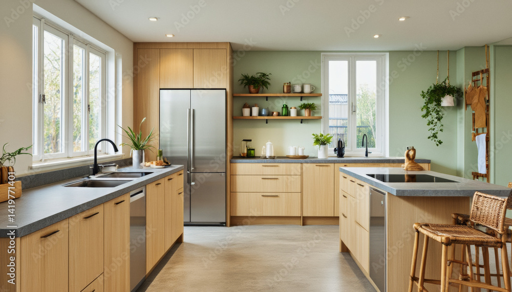 Modern interior design architecture photography: A bright, modern kitchen features light wood cabinetry, a gray countertop, stainless steel appliances, and lush greenery, creating a serene and invit Modern interior design architecture photography: A bright, modern kitchen features light wood cabinetry, a gray countertop, stainless steel appliances, and lush greenery, creating a serene and invit