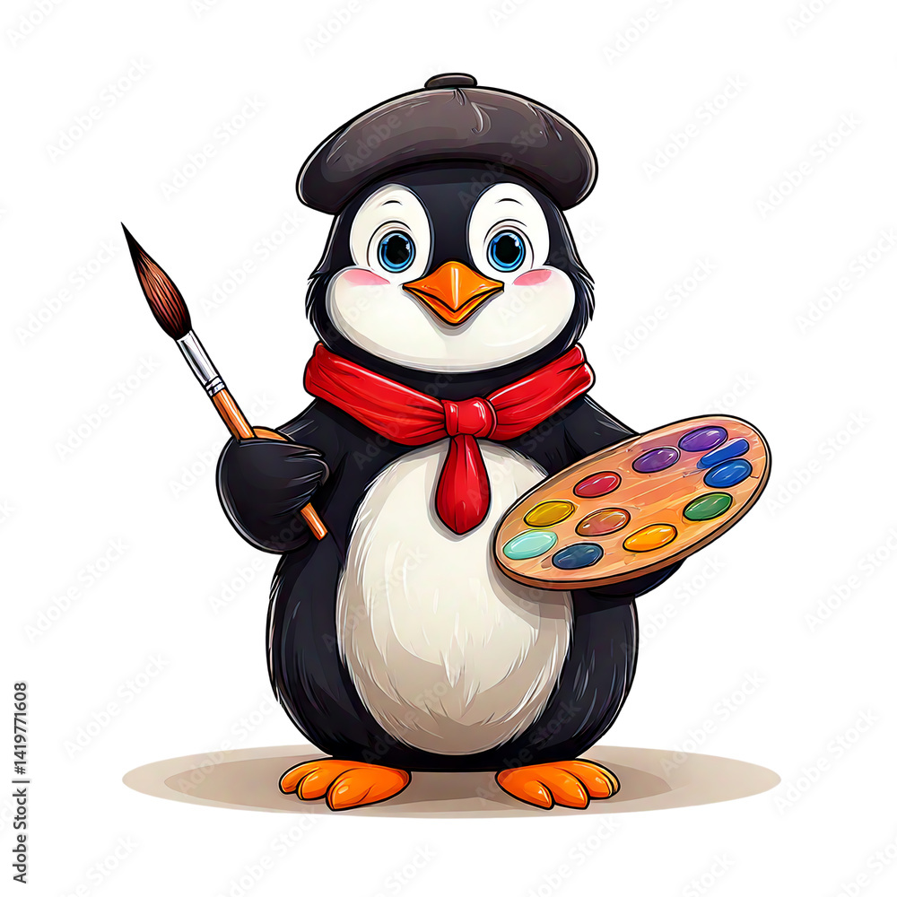 Obraz premium A penguin in an artist outfit with a beret, holding a paintbrush and a palette