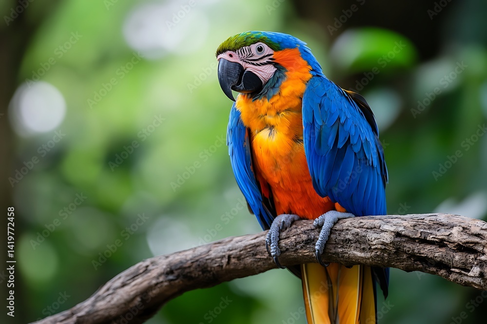 Obraz premium Vibrant Blue And Orange Parrot Perched On A Branch With Soft Green Background