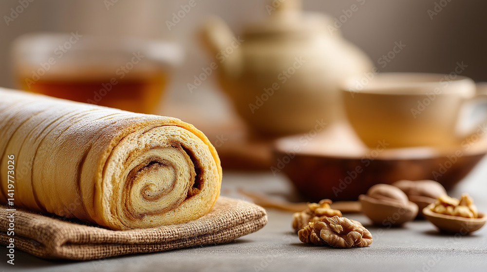 Fototapeta premium Oriental Walnut and Buttercream Roll Dessert on Table