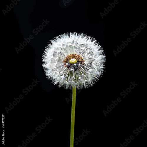 Dandelion seed head, black background, close-up