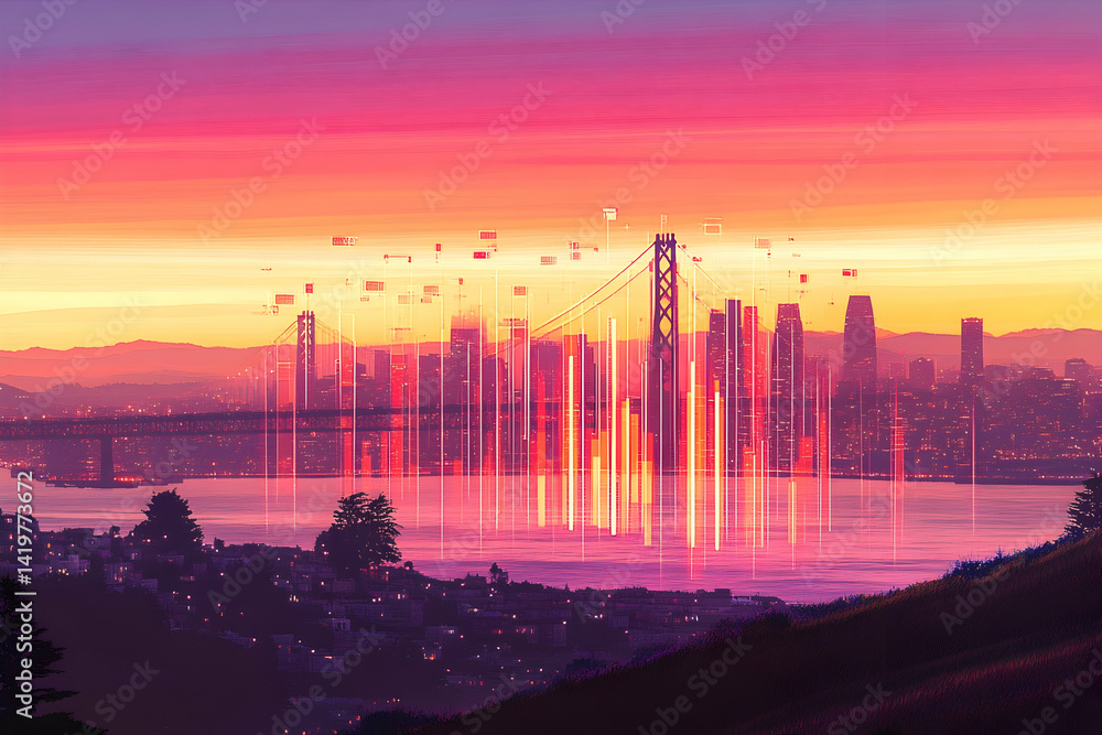 Obraz premium Vibrant sunset over San Francisco cityscape, Golden Gate Bridge, digital overlay, glowing lines, technology, urban landscape, artistic illustration.