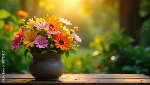 Wallpaper Mural Sunlit bouquet of wildflowers in rustic ceramic pot, sunlit, cottagecore Torontodigital.ca