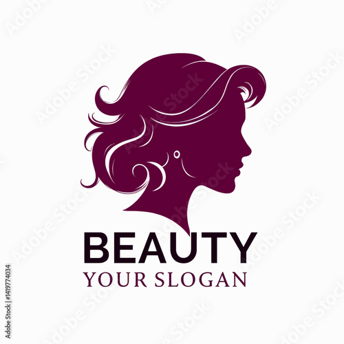 Elegant aubergine woman's silhouette with curly hair and earring