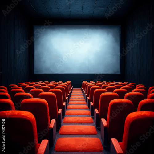 Empty cinema with red seats and a blank screen