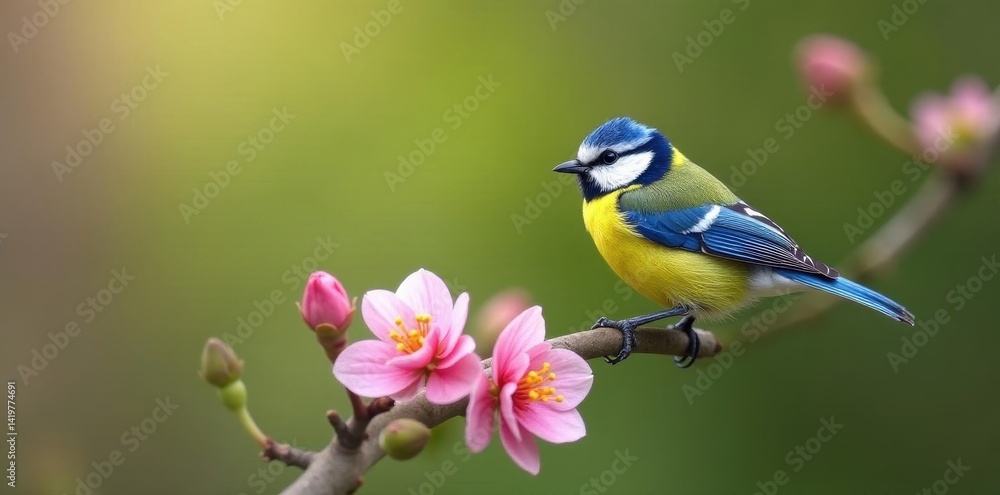 Obraz premium Blue tit on flowering branch, Suffolk spring garden, countryside, sunlight