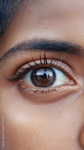 Close-up shot showcasing a dark brown human eye with visible eyelashes and eyebrow against skin tones, creating a captivating perspective
