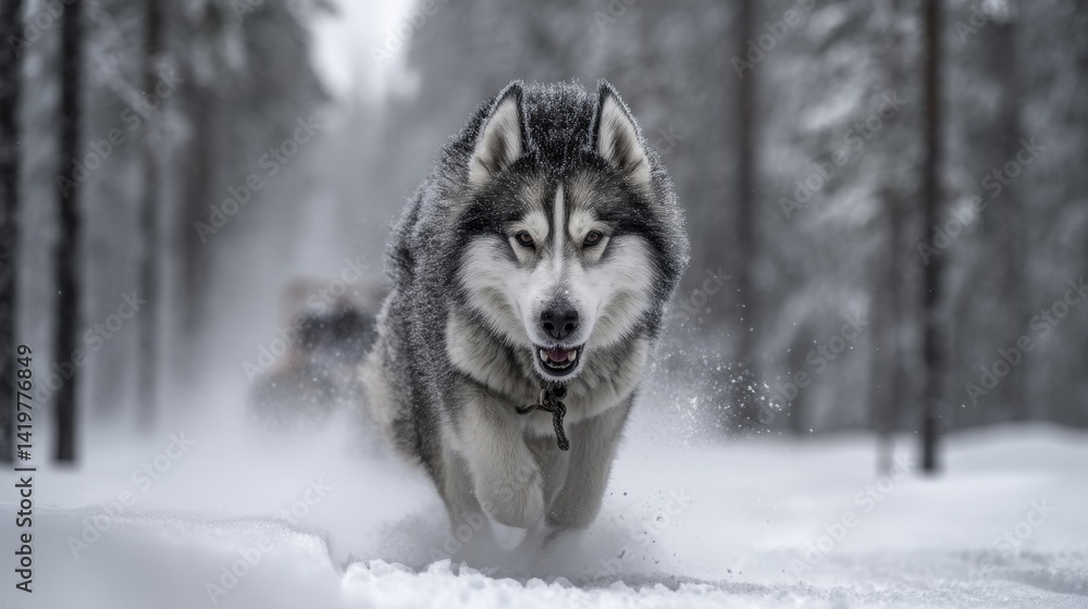 Naklejka premium A majestic husky, pulling a sled through deep snow, its breath visible in the air - dog landscape snow