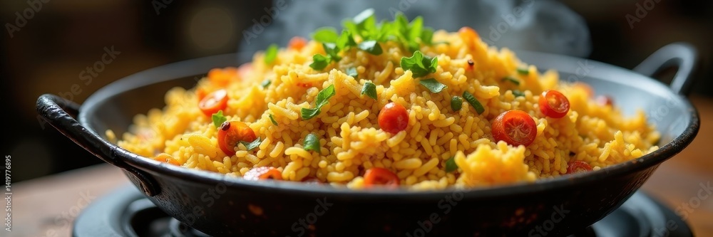 Close-up shot of steaming vegetable biryani in a large karahi, steam, food Close-up shot of steaming vegetable biryani in a large karahi, steam, food