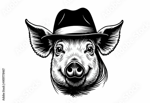 Ink Pig Head with Hat Illustration