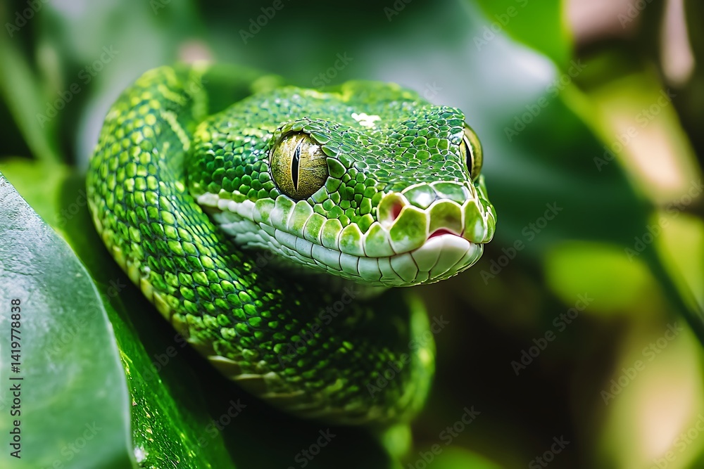 Vibrant Green Tree Snake Coiled On Lush Green Leaves Macro Photography Vibrant Green Tree Snake Coiled On Lush Green Leaves Macro Photography