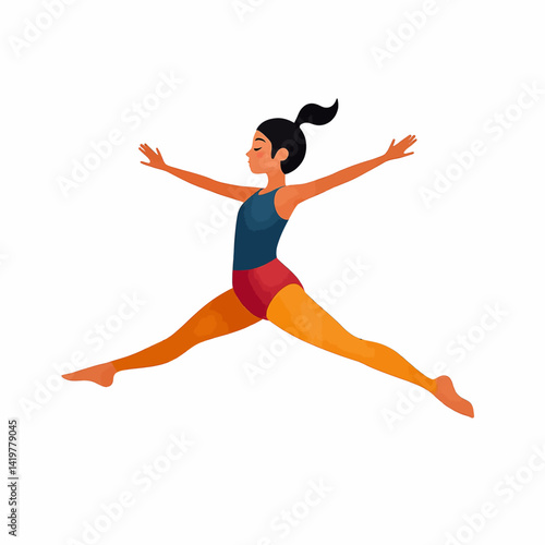 Leaping gymnast in blue and red leotard on white