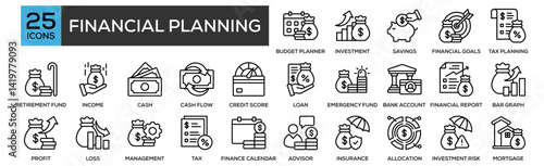 Financial Planning icon collection set. Containing design Budget Planner, Investment Chart, Savings, Financial Goals, Tax Planning