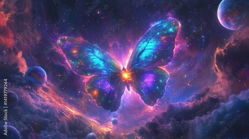 Naklejka premium Vibrant Cosmic Butterfly Surrounded by Stars, Planets, and Colorful Nebulae in an Expansive Universe of Fantasy and Wonder