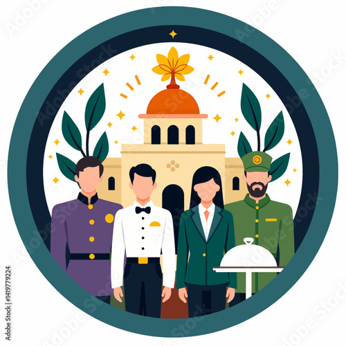 Luxury Hotel Staff with Building and Leaf Icon