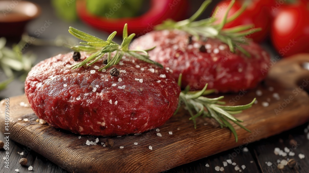Two perfectly formed hamburger patties se-4 - fresh beef brown summer burger Two perfectly formed hamburger patties se-4 - fresh beef brown summer burger