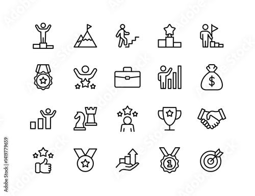 Success Vector Icon Set | Adjustable Line Weight | Achievement, goal, trophy, medal, growth, leadership, winner, money, strategy, podium, rating, business, handshake icons