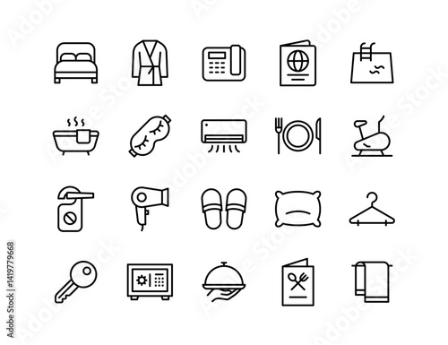 Hotel Vector Icon Set | Adjustable Line Weight | Bed, key, robe, safe, room, service, pillow, slippers, spa, hanger, amenities, pool, dining, comfort icons