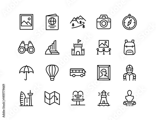 Sightseeing Trip Vector Icon Set | Adjustable Line Weight | Travel, camera, map, monument, museum, castle, compass, lighthouse, statue, binoculars, bus, art, adventure icons