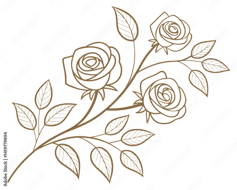 Elegant Golden Rose Branch Vector Illustration for Floral Design. Elegant Golden Rose Branch Vector Illustration for Floral Design.