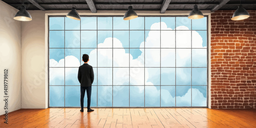 Man Gazing at Cloudy Sky Through Large Window