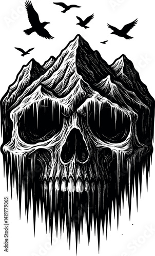 Mountain skull vector black silhouette print design