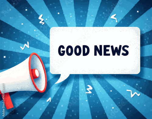 Megaphone announces "Good News" on blue burst background