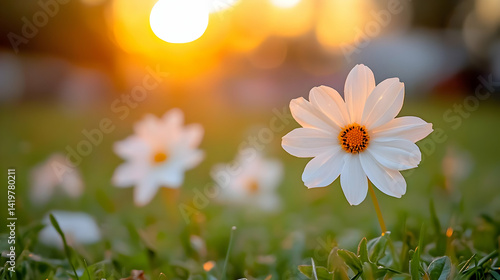 White Flowers In A Field At Sunset